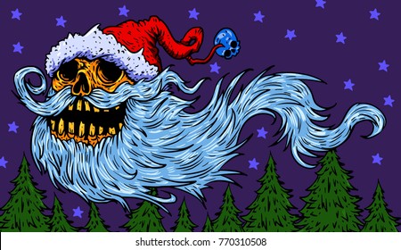 Santa claus skull. Funny cartoon vector illustration. Greeting card