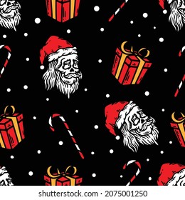 santa claus skull  gift  stick snow seamless pattern on black backgroun