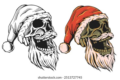 santa claus skull with hat and beard vector illustration. santa claus skull in vintage style.