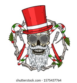 Santa Claus skull. Santa Claus hipster in top hat, glasses and razors