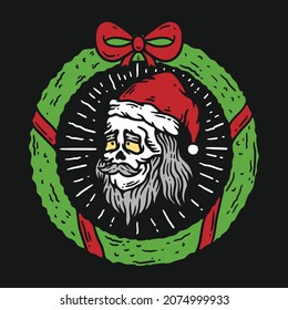 santa claus skull illustration in advent wreath on black background