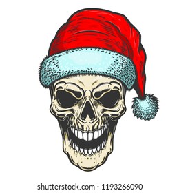 Santa Claus skull on white background. Christmas theme. Design element for emblem, poster, t shirt. Vector illustration