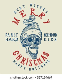 Santa Claus skull print. Tough Christmas t shirt design. Party hard winter holidays. Spooky Santa. dead head Christmas.