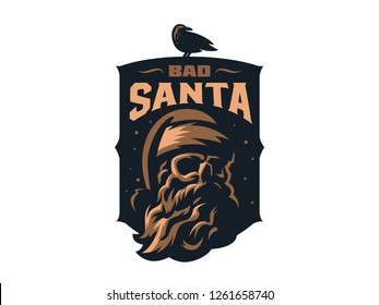 Santa Claus with a skull. A raven sits on a badge. It's snowing in the back. Vector illustration.