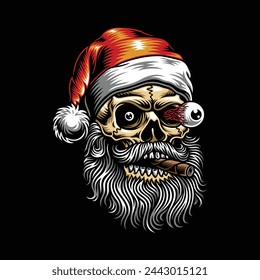 Santa Claus Skull Wearing Hat And Smoking Cigar Vector Graphic 