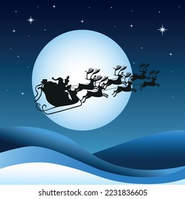 Santa Claus in the sky on a sleigh, gift, december, year, sky, new, cartoon,winter, celebration, merry, night, holiday, deer, claus, santa, moon, sleigh, background, illustration, christmas.