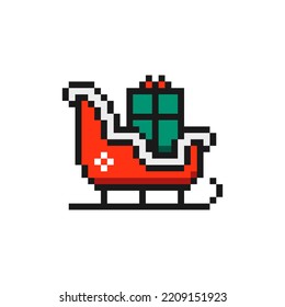 Santa Claus sled with gifts icon in pixel art design isolated on white background, Christmas sleigh vector sign symbol.