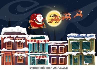 Santa Claus sled over rooftop and chimney at the Christmas night with full moon and snowy. Merry Christmas banner for Holiday cards, invitations and website celebration decoration.
