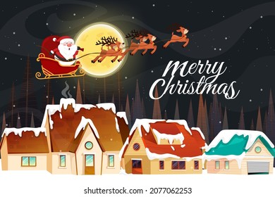 Santa Claus sled over rooftop and chimney at the Christmas night with full moon and snowy. Merry Christmas banner for Holiday cards, invitations and website celebration decoration.