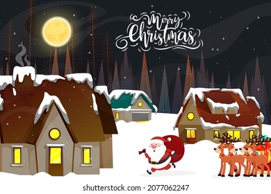 Santa Claus sled over snow at the Christmas night with full moon and snowy. Merry Christmas banner for Holiday cards, invitations and website celebration decoration.