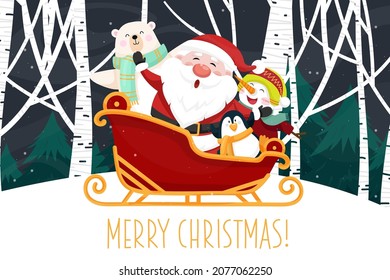 Santa Claus sled over snow at the Christmas night with full moon and snowy. Merry Christmas banner for Holiday cards, invitations and website celebration decoration.