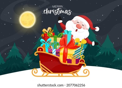 Santa Claus sled over snow at the Christmas night with full moon and snowy. Merry Christmas banner for Holiday cards, invitations and website celebration decoration.