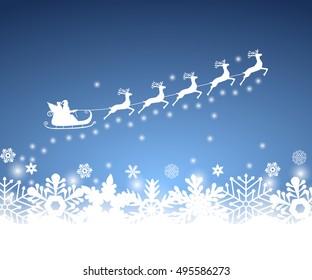 Santa Claus in sled rides in the sled reindeer on a blue background with snowflakes and glitter