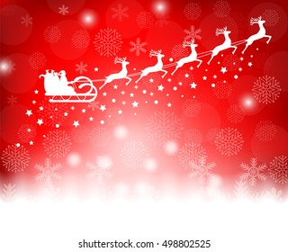 Santa Claus in sled rides in the sled reindeer on a red background with snowflakes and glitter