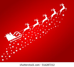 Santa Claus in sled rides in the sled reindeer on a red backgrou