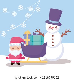 santa claus with sled and snowman