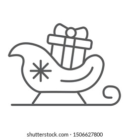 Santa claus sled thin line icon, christmas and holiday, christmas sleigh sign, vector graphics, a linear pattern on a white background, eps 10.