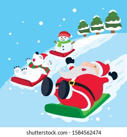 Santa Claus sledding down on the snow with polar bear and snowman