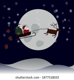 Santa Claus Sledding In The Sky. Snowy Night. Midnight Blue Background. Vector Illustration.