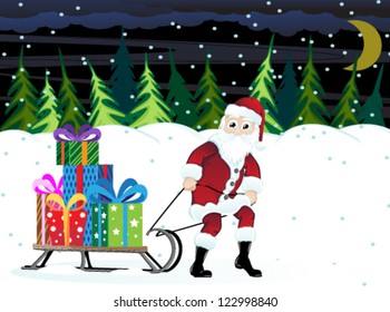 Santa Claus with sledge and Christmas presents in a night winter forest