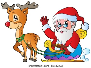 Santa Claus with sledge and deer - vector illustration.