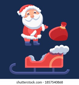 Santa Claus with sledge on navy blue backdrop. Christmas holiday postcard for invitation or gift card, notebook, bath tile, scrapbook. Phone case or cloth print. Flat style stock vector illustration