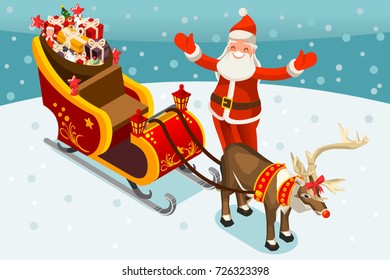 Santa Claus sledge. Santa Claus sleigh delivering children toys or gifts. Merry Christmas 2018 and New Year. Vector illustration in flat style