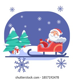 Santa Claus in sledge, snowman on blue backdrop. Christmas holiday postcard for invitation or gift card, notebook, bath tile, scrapbook. Phone case or cloth print. Flat style stock vector illustration