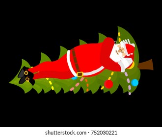 Santa Claus Sleep on Christmas tree. Sleeping grandfather. Christmas New Year illustration