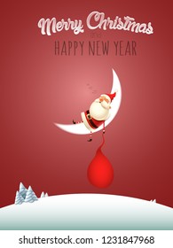 Santa Claus sleep on moon - Merry Christmas and happy New year greeting card