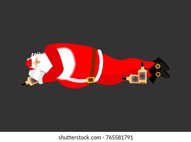 Santa Claus Sleeping drinking whiskey. Drunk Sleeps grandfather. Christmas rest. New Year Vector Illustration
