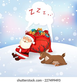 Santa Claus sleeping on a bag of gifts with reindeer. Christmas vector illustration. Holiday background