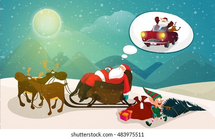 Santa Claus sleeping on reindeer sleigh and dreaming for Merry Christmas celebration.