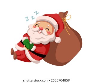 Santa Claus sleeping peacefully on sack flat color vector character. Saint Nicolas napping on gifts bag illustration on white background