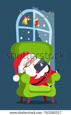 Santa Claus sleeping poster, winter character relaxing on armchair, window and decoration as garland and bell with sock, vector illustration