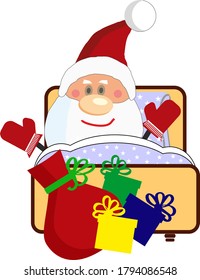 Santa Claus sleeps in bed and presents