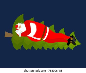 Santa Claus Sleeps on Christmas tree. Sleeping grandfather. Christmas New Year illustration
