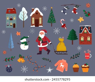 Santa Claus with a sleigh and a bag of gifts. Set of elements for Christmas and New Year. Snowman. Houses in the snow. Socks and a sweater with a deer. Christmas decorations, cup and muffins. Vector.