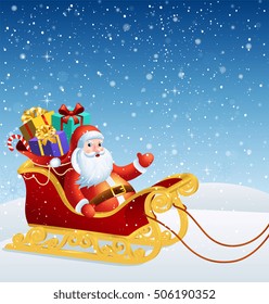 Santa Claus in a sleigh with a big bag full of gifts. Winter snowy blue background.