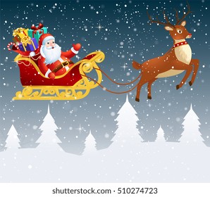 Santa Claus in a sleigh with a big bag full of gifts. Winter sno