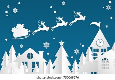 Santa Claus sleigh by a group of reindeer on the sky coming to city with snow fall on blue back ground in paper art and craft style.
Design for winter holidays greeting season. Vector illustration.