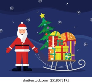 Santa Claus with a sleigh carrying gifts, a Christmas tree. Merry Christmas and a happy New Year.