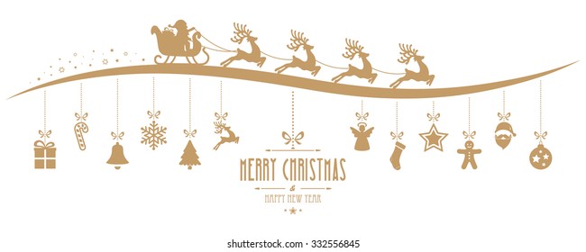 Santa Claus sleigh christmas elements hanging gold isolated background