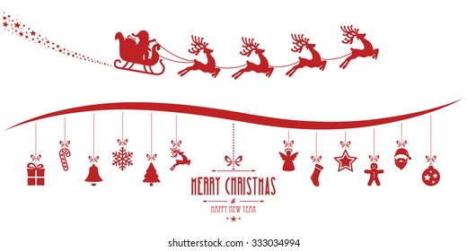 santa claus sleigh christmas elements hanging red isolated background