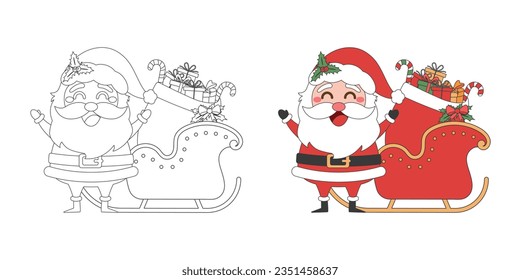 Santa Claus, Sleigh with Christmas gift bag, Christmas theme line art doodle cartoon illustration, Merry Christmas.