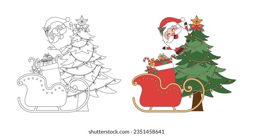 Santa Claus, Sleigh with Christmas gift bag and Christmas tree, Christmas theme line art doodle cartoon illustration, Merry Christmas.