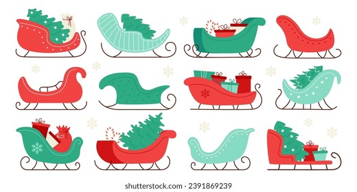 Santa Claus sleigh christmas holiday magic winter transport delivering fir tree, sweet candy cane dessert and gift boxes set vector illustration. Fantasy festive vehicle of different shapes and forms