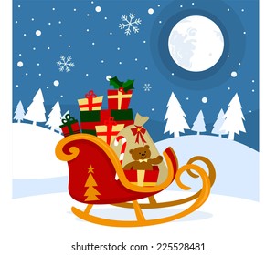 Santa claus sleigh with christmas presents vector cartoon illustration