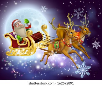 A Santa Claus sleigh Christmas scene of Santa Claus flying through the air on his sled being pulled by reindeer with snowflakes and full moon