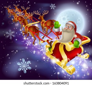 A Santa Claus sleigh Christmas scene of Santa Claus flying through the air on his sled being pulled by reindeer with snowflakes and full moon